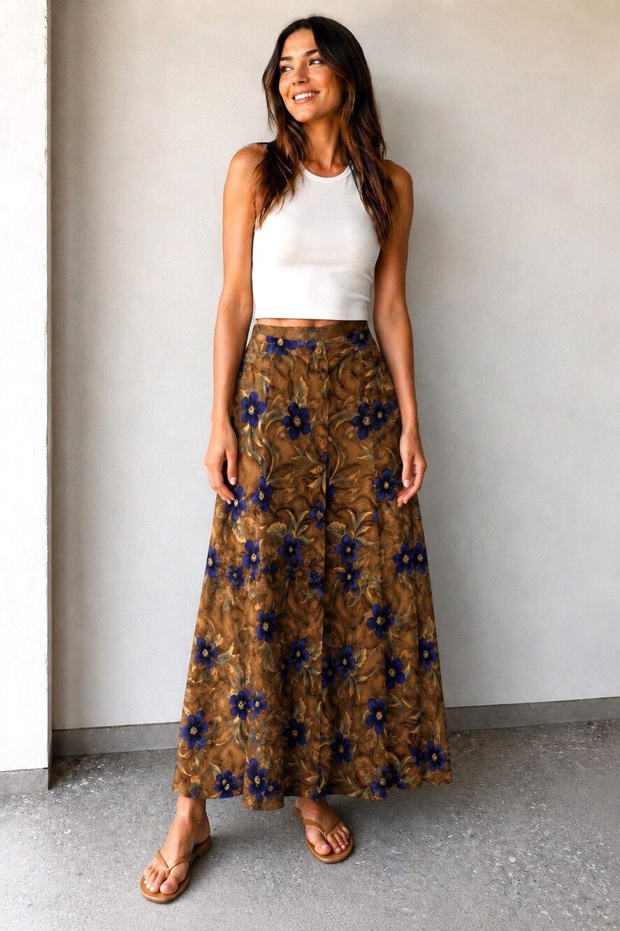 Vintage Sag Harbor Maxi Skirt Womens Sz Lg Brown/Blue  Floral Button Front Boho